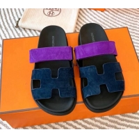 Best Product Hermes Chypre Flat Sandals in Suede Dark Blue/Purple 724141