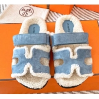 Purchase Hermes Chypre Flat Sandals in Suede and Shearling Light Blue 724143