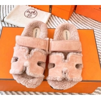 Good Quality Hermes Chypre Flat Sandals in Suede and Shearling Nude Pink 724144