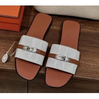 Popular Style Hermes Giulia Flat Sandals in Patchwork Calf Leather White/Brown 725003