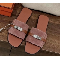 Pretty Style Hermes Giulia Flat Sandals in Suede and Leather Pink/Brown 725004