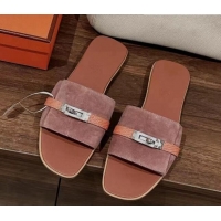 Best Product Hermes Giulia Flat Sandals in Suede and Leather Pink/Orange 725006