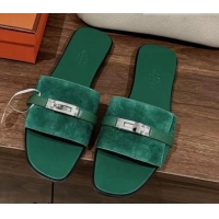 Shop Duplicate Hermes Giulia Flat Sandals in Suede and Leather Green 725008