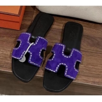 Good Quality Hermes Classic Oran Flat Slide Sandals in Suede with Crystal Beads Purple 725009