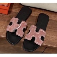 Purchase Hermes Classic Oran Flat Slide Sandals in Suede with Crystal Beads Pink 725010