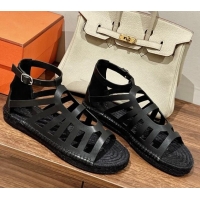 Best Grade Hermes Costanza Espadrilles Flat Sandals Black 725014