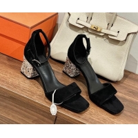 Most Popular Hermes Glam 60 Sandals in Suede with Silver Heel Black 725015