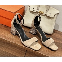 Charming Hermes Glam 60 Sandals in Suede with Silver Heel Apricot 725016