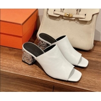 Charming Hermes Glossy 60 Slide Sandals in Suede with Silver Heel White 725018