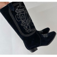 Good Product Hermes Embroidery High Boot 4cm Heel in Black Suede 2372513