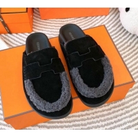 Luxury Discount Hermes Chypre Suede Flat Mules Black 728010