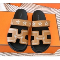 Good Quality Hermes Chypre Leather Flat Slide Sandals with Star Brown 728012