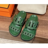 Luxury Hermes Extra Chain Calfskin Slide Sandals All Green 728047