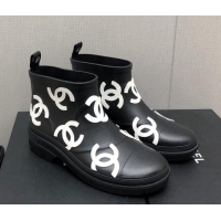 Most Popular Chanel CC Printed Rubber Rain Boots Black/White 728051