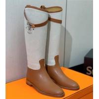 Good Looking Hermes Jumping Flat High Boots in Calfskin and Canvas Brown 814032