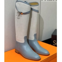 Good Quality Hermes Jumping Flat High Boots in Calfskin and Canvas Grey 814035