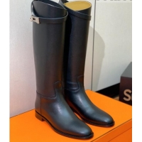 Best Product Hermes Jumping Flat High Boots in Calfskin Leather Black 814037