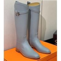 Sumptuous Hermes Jumping Flat High Boots in Calfskin Leather Grey 814038