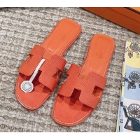 Classic Specials Hermes Classic Oran Flat Slide Sandals in Lizard Embossed Leather Orange 814039