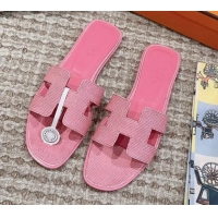 Best Grade Hermes Classic Oran Flat Slide Sandals in Lizard Embossed Leather Pink 814041