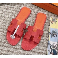 Pretty Style Hermes Classic Oran Flat Slide Sandals in Lizard Embossed Leather Orange Red 814042 