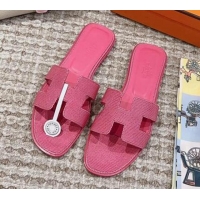 Low Price Hermes Classic Oran Flat Slide Sandals in Lizard Embossed Leather Fushcia Pink 814043