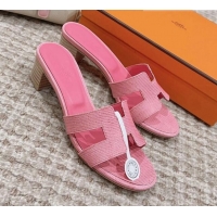 Luxurious Hermes Classic Oasis Heel Slide Sandals 4.5cm in Lizard Embossed Leather Pink 814045