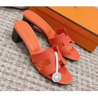 Cheap Price Hermes Classic Oasis Heel Slide Sandals 4.5cm in Lizard Embossed Leather Orange 814048