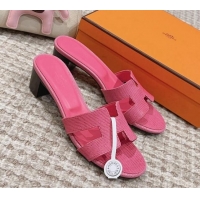 Charming Hermes Classic Oasis Heel Slide Sandals 4.5cm in Lizard Embossed Leather Fushcia Pink 814049