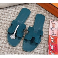 Luxury Cheap Hermes Classic Oran Flat Slide Sandals with Shiny Trim in Suede Peacock Green 814055