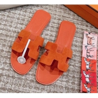 Luxury Hermes Classic Oran Flat Slide Sandals with Shiny Trim in Suede Orange 814056