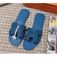 Hot Style Hermes Classic Oran Flat Slide Sandals in Grained Calfskin Blue 814057