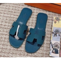 Top Quality Hermes Classic Oran Flat Slide Sandals in Grained Calfskin Peacock Blue 814059