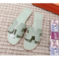 Best Quality Hermes Classic Oran Flat Slide Sandals in Grained Calfskin Mint Green 814061