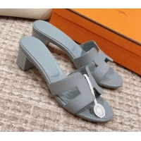 New Design Hermes Classic Oasis Heel Slide Sandals 4.5cm in Palm Grained Leather Dusty Blue 814062