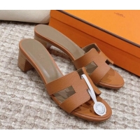 Top Quality Hermes Classic Oasis Heel Slide Sandals 4.5cm in Palm Grained Leather Brown/Grey 814064