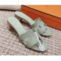 Top Design Hermes Classic Oasis Heel Slide Sandals 4.5cm in Palm Grained Leather Mint Green 814068