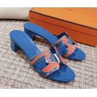 Top Grade Hermes Classic Oasis Heel Slide Sandals 4.5cm in Printed Canvas Blue 814072