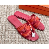 Unique Style Hermes Classic Oran Flat Slide Sandals in Printed Canvas Red 814071