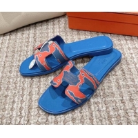 Popular Style Hermes Classic Oran Flat Slide Sandals in Printed Canvas Blue 814074