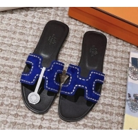 Grade Quality Hermes Classic Oran Flat Slide Sandals in Suede with Crystal Beads Blue 814073