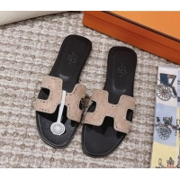 Pretty Style Hermes Classic Oran Flat Slide Sandals in Suede with Crystal Beads Beige 0814075