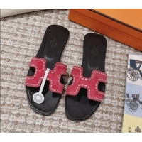 Unique Style Hermes Classic Oran Flat Slide Sandals in Suede with Crystal Beads Red 814078