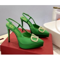 Best Product Valentino Crystal VLogo Satin Platform Slingback Pumps 12cm Green 426136