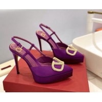 Most Popular Valentino Crystal VLogo Satin Platform Slingback Pumps 12cm Purple 426137