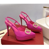 Luxurious Valentino Crystal VLogo Satin Platform Slingback Pumps 12cm Pink 426139