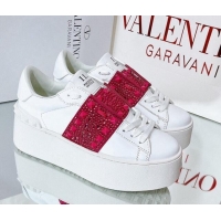 Hot Style Valentino Flatform Rockstud Untitled Sneakers with Red Crystal Stripe in White Calfskin 427004