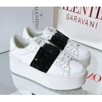 Best Grade Valentino Flatform Rockstud Untitled Sneakers with Black Stripe in White Calfskin 0427005