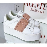 Fashion Valentino Flatform Rockstud Untitled Sneakers with Beige Stripe in White Calfskin 427008