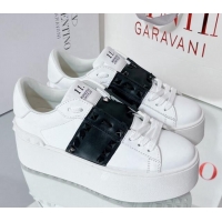 Good Quality Valentino Flatform Rockstud Untitled Sneakers with Black Stripe in White Calfskin 427009